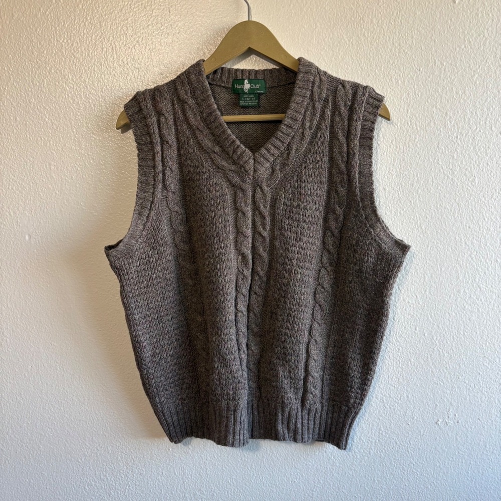 Vintage Hunt Club Size Large Gray Wool Cable Knit Sweater Vest Neutral Preppy